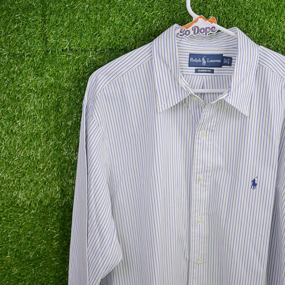 Ralph Lauren Button Down Shirt White Blue Striped - Mens Size 17.5 34/35